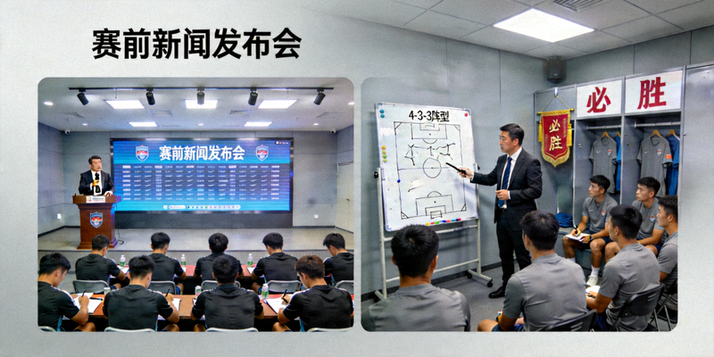赛前发布会与教练布置战术的严肃场景