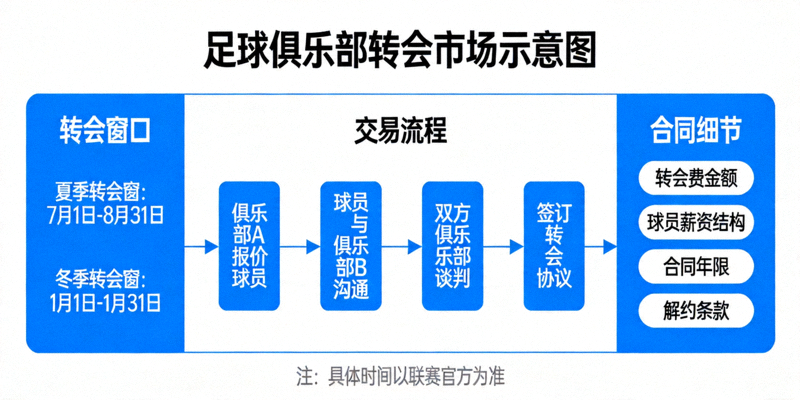 足球俱乐部转会市场示意图，展示球员交易与合同